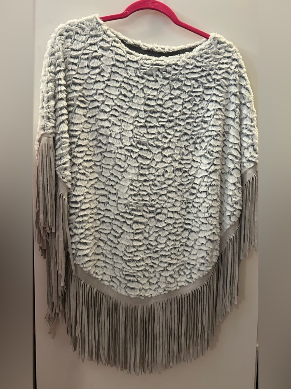 Textured fuzzy suede fringe poncho